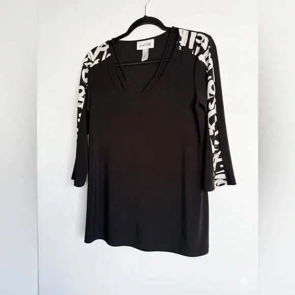 Joseph Ribkoff Canada Black V-Neck Cutout Stretch Top  Abstract Sleeve Size 4 - Picture 3 of 6